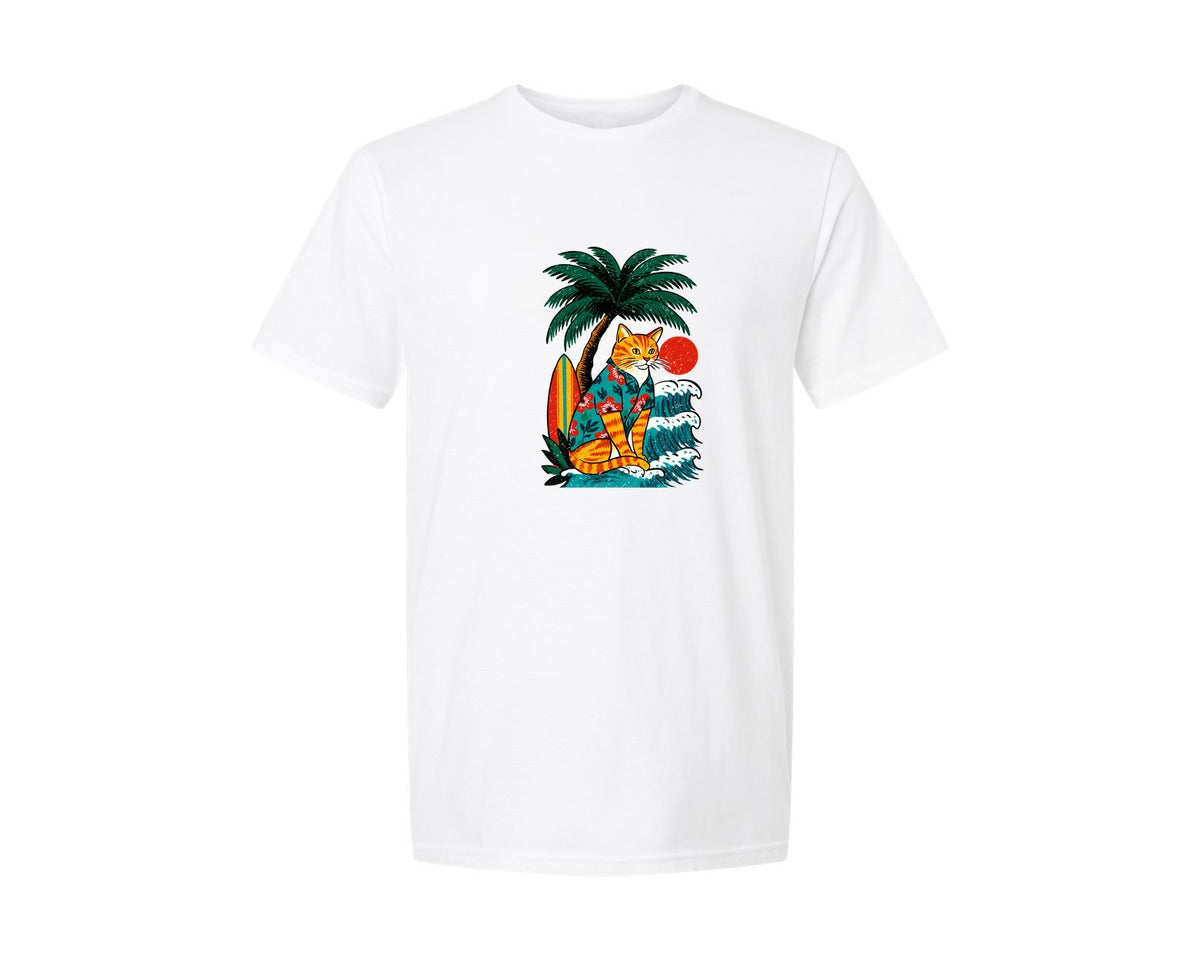 brand:Generic|color:White|Surf Cat Beach Cat Graphic T-Shirt