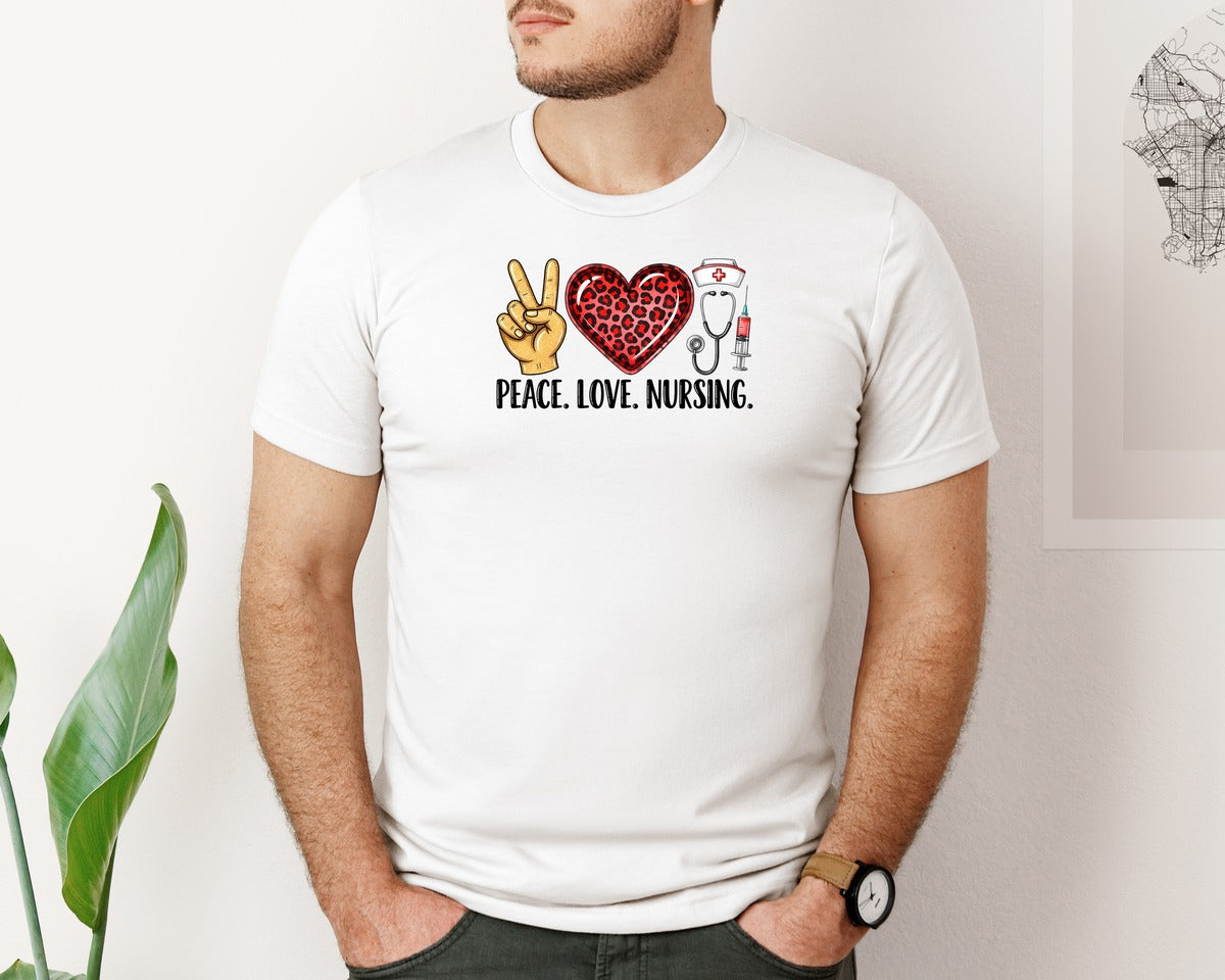 brand:Bella Canvas|color:White|Peace Love Nursing 3 Graphic T-Shirt