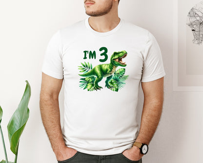 brand:Bella Canvas|color:White|T Rex Dinosaur Kids Birthday Im 3 Graphic T-Shirt