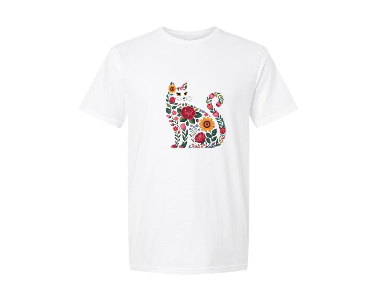 brand:Generic|color:White|Folk Floral Cat Cute Art Graphic T-Shirt