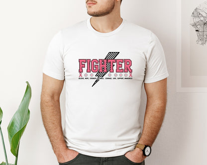 brand:Bella Canvas|color:White|Pink Fighter Text For Breast Cancer Graphic T-Shirt