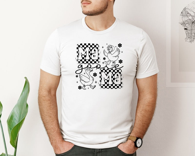 brand:Bella Canvas|color:White|Mama Goose Checkerboard Goose Boots Graphic T-Shirt