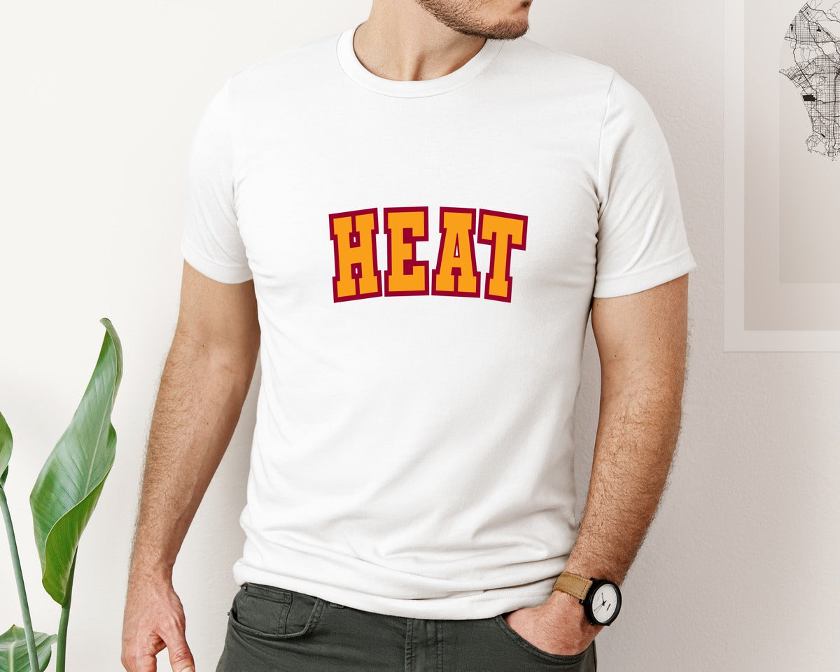 brand:Bella Canvas|color:White|Heat Varsity Curved Red Yellow Graphic T-Shirt