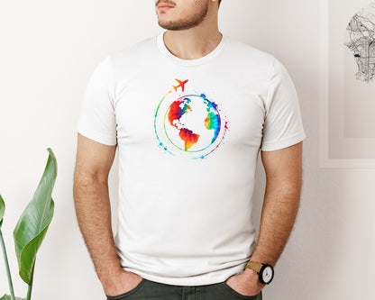 brand:Bella Canvas|color:White|Watercolor Globe Tie Dye Earth Travel Graphic T-Shirt