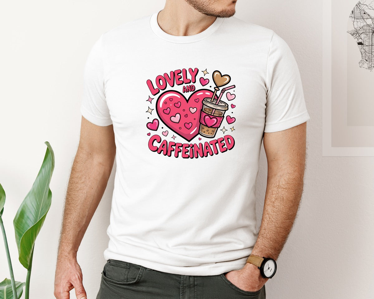 brand:Bella Canvas|color:White|Lovely Caffeinated Valentines Graphic T-Shirt