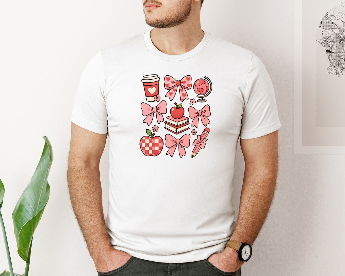 brand:Bella Canvas|color:White|Valentine Teacher Teacher Coquette 5 Graphic T-Shirt