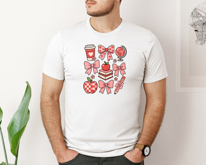 brand:Bella Canvas|color:White|Valentine Teacher Teacher Coquette 5 Graphic T-Shirt