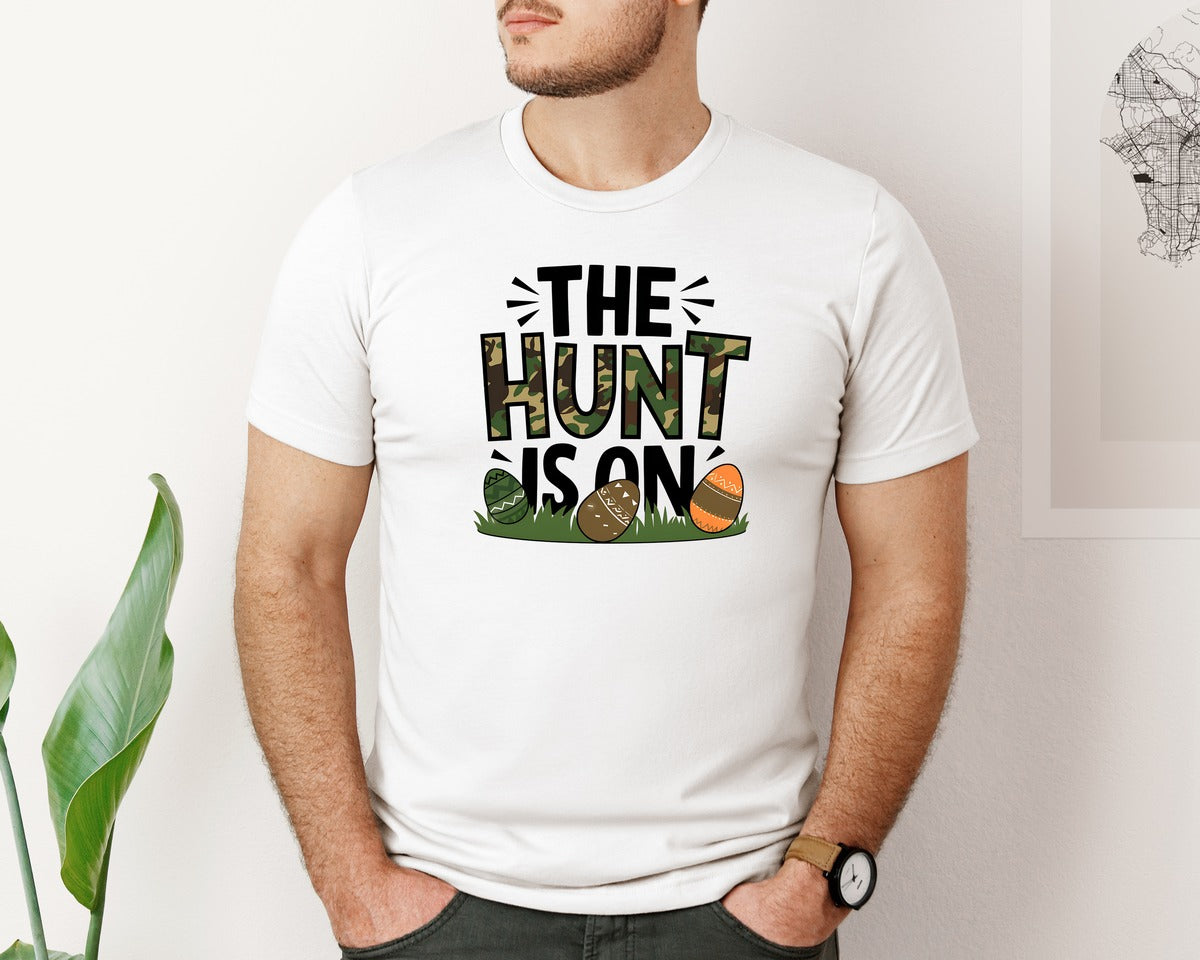 brand:Bella Canvas|color:White|The Hunt Is On Camo Easter Egg Camo Graphic T-Shirt