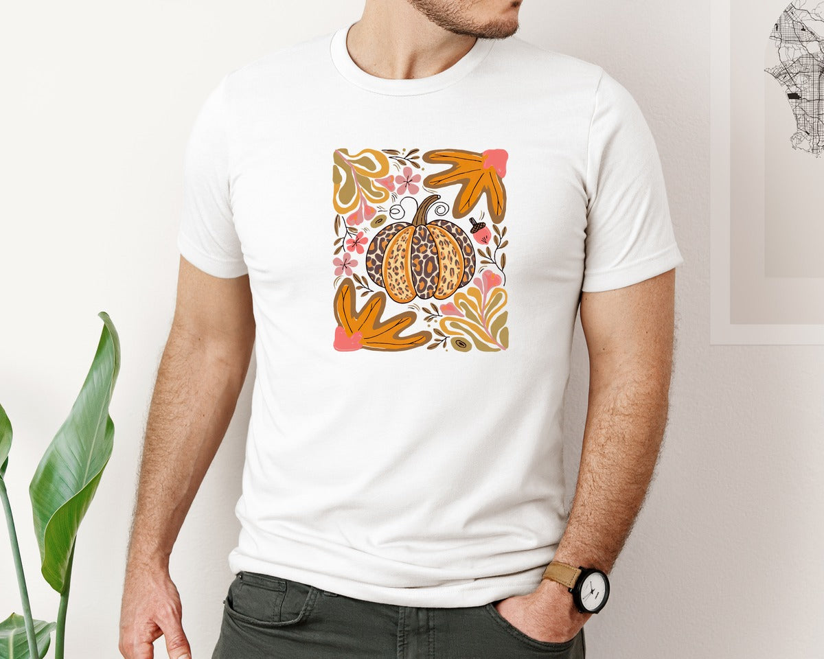 brand:Bella Canvas|color:White|Boho Fall Pumpkin Floral Fall Graphic T-Shirt
