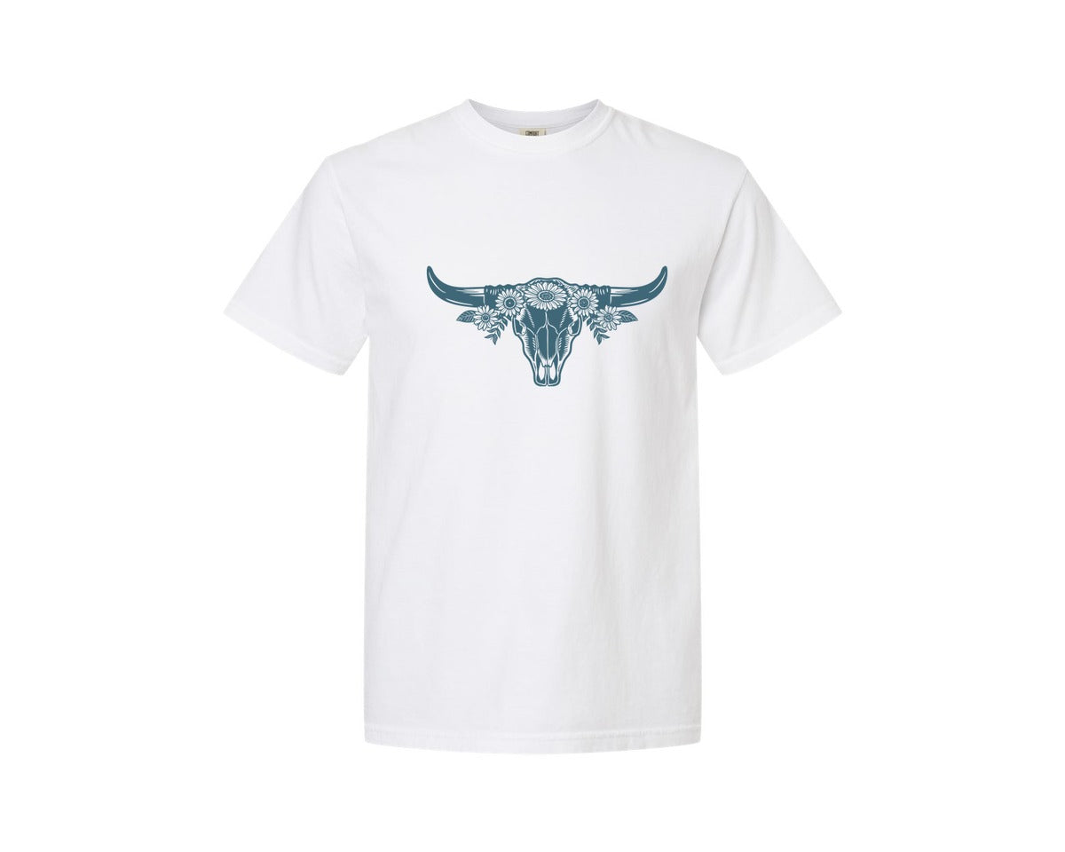 brand:Comfort Colors|color:White|Western Bull Skull Longhorn Boho Flowers 4 Graphic T-Shirt