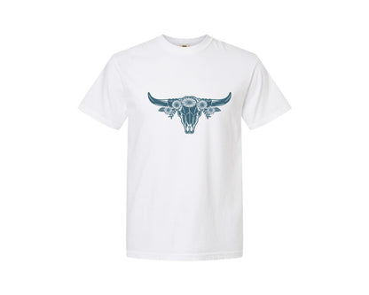 brand:Comfort Colors|color:White|Western Bull Skull Longhorn Boho Flowers 4 Graphic T-Shirt
