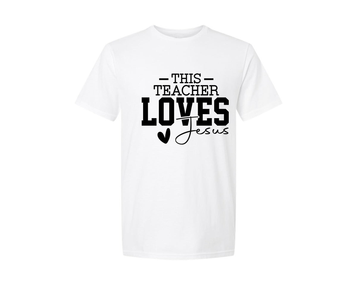 brand:Generic|color:White|This Teacher Loves Jesus Christian 2 Graphic T-Shirt