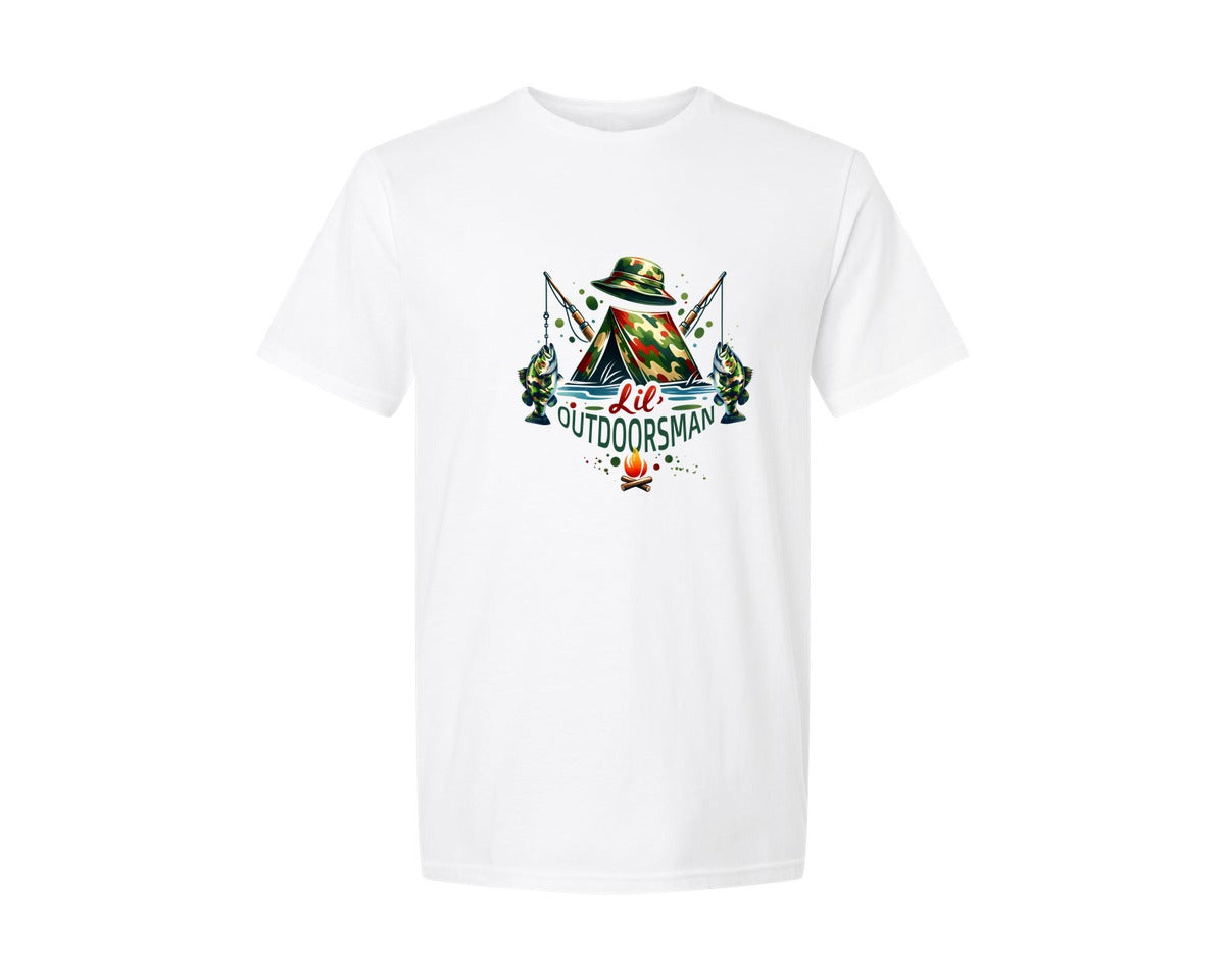 brand:Generic|color:White|Lil Outdoorsman Camping Fishing Graphic T-Shirt