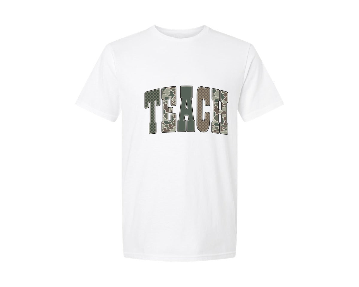 brand:Generic|color:White|Preppy Retro Camo Teacher Graphic T-Shirt