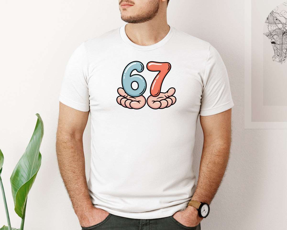 brand:Bella Canvas|color:White|6 7 Meme Six Seven 67 Hands Funny Graphic T-Shirt