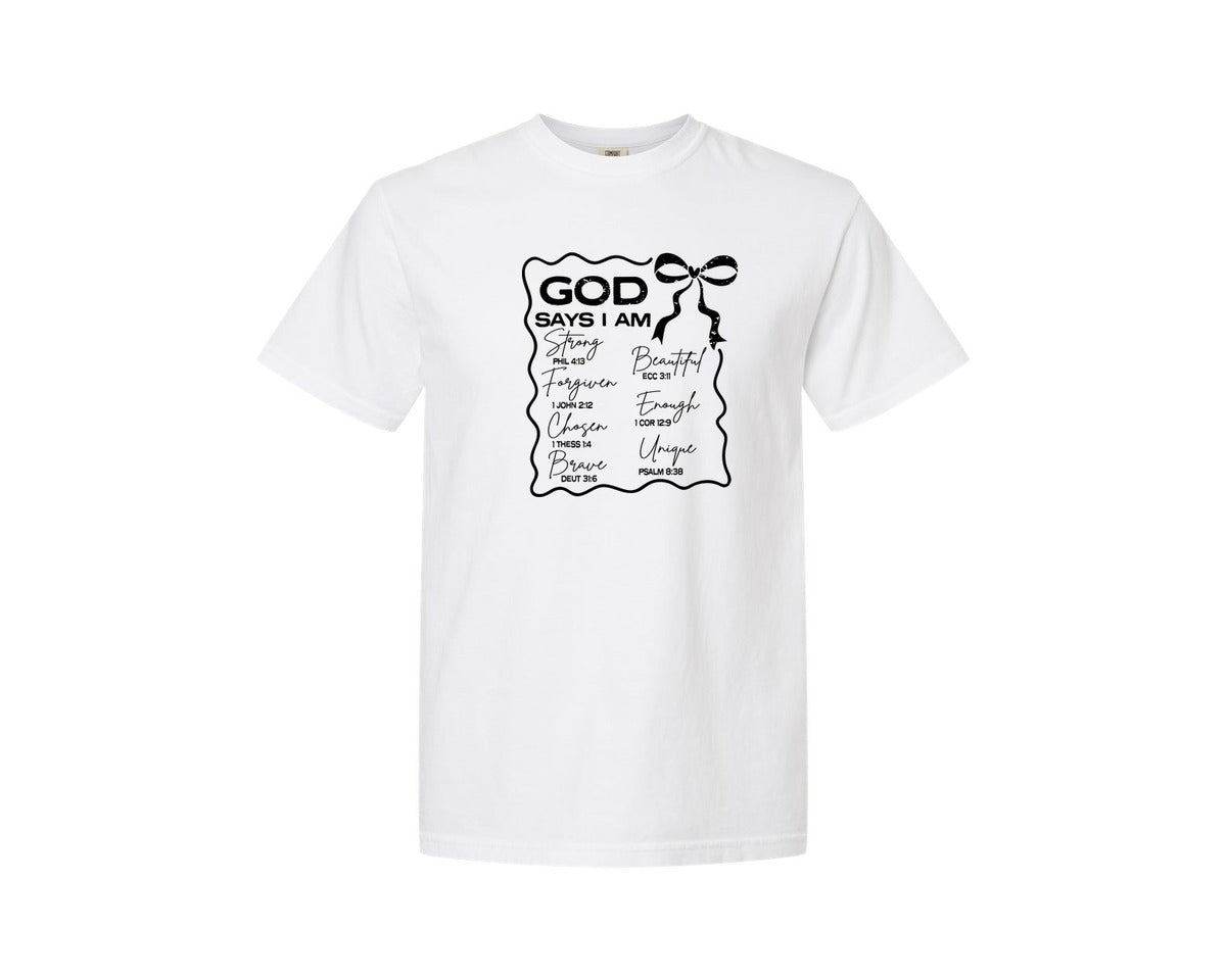 brand:Comfort Colors|color:White|God Says I Am Coquette Christian Graphic T-Shirt