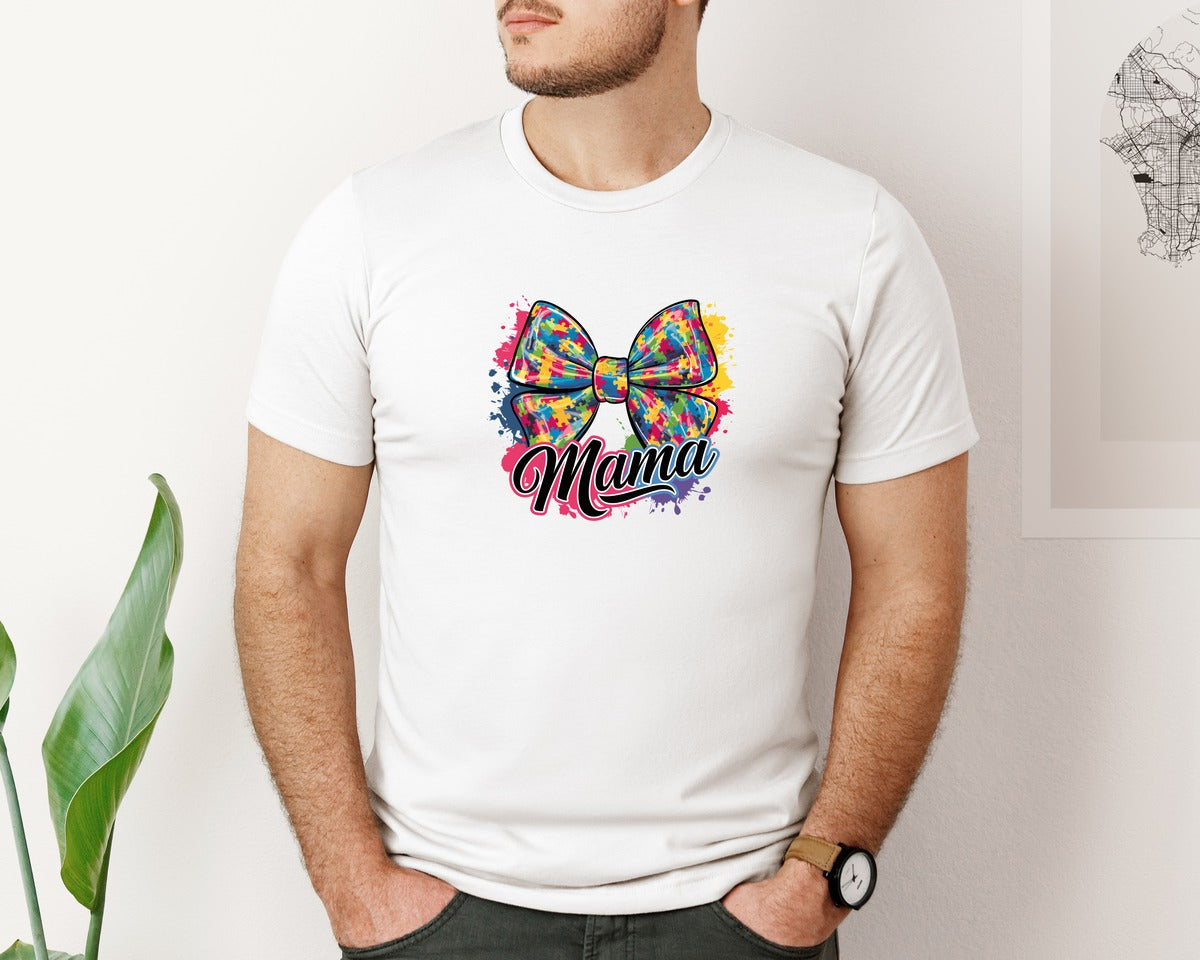 brand:Bella Canvas|color:White|Autism Mama Colorful Puzzle Bow Art Graphic T-Shirt
