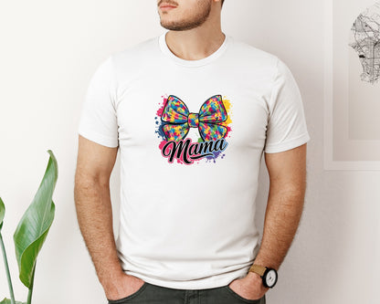 brand:Bella Canvas|color:White|Autism Mama Colorful Puzzle Bow Art Graphic T-Shirt