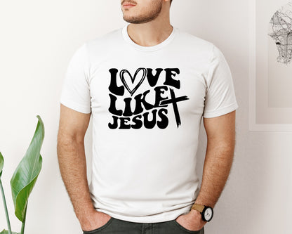 brand:Bella Canvas|color:White|Love Like Jesus Wavy 2 Graphic T-Shirt