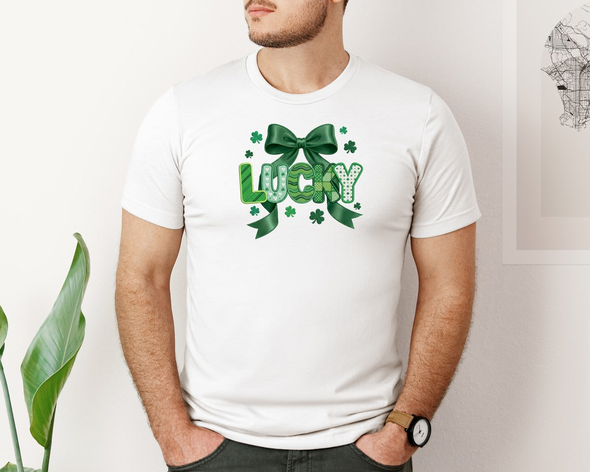 brand:Bella Canvas|color:White|Lucky Shamrock Bow St Patricks 2 Graphic T-Shirt