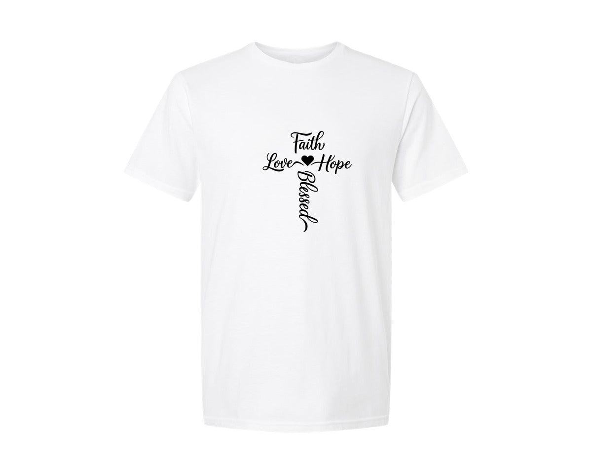 brand:Generic|color:White|Faith Love Hope Blessed Cross Graphic T-Shirt