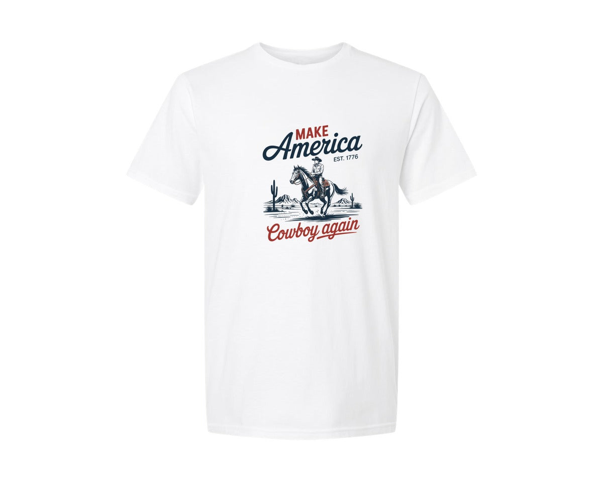 brand:Generic|color:White|Make America Cowboy Again Horse Usa Graphic T-Shirt