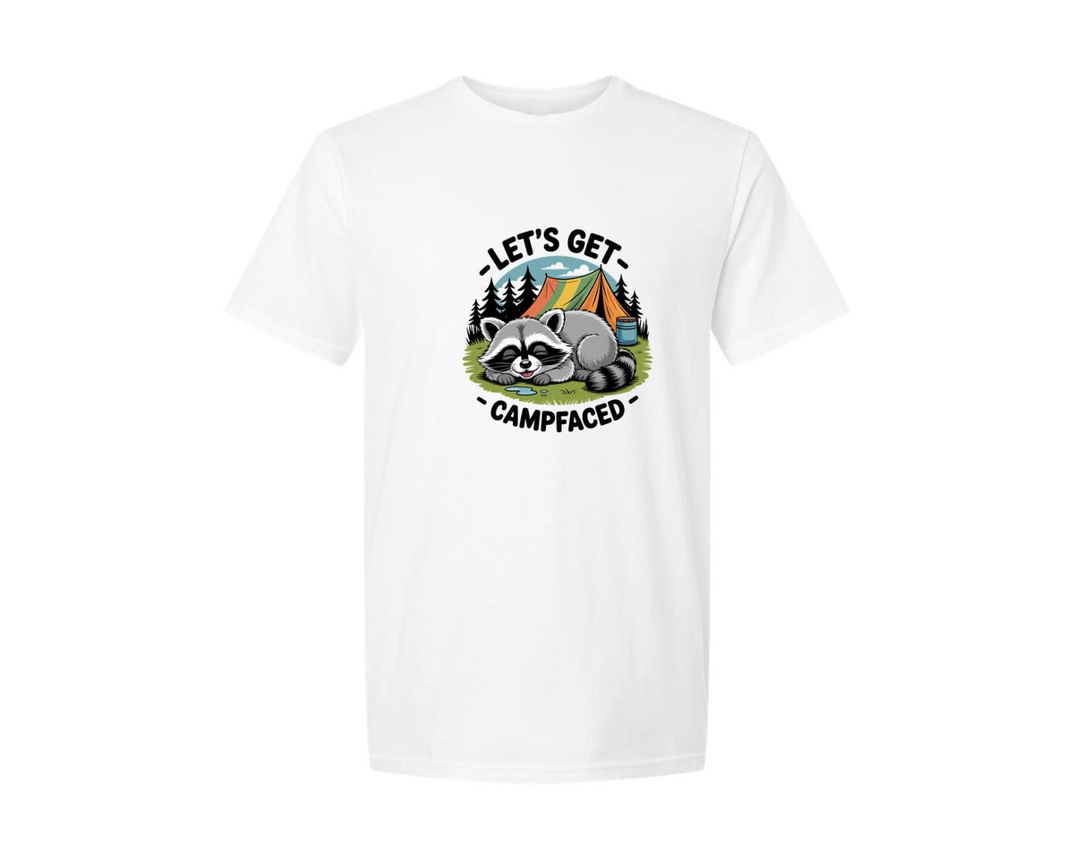 brand:Generic|color:White|Lets Get Campfaced Camping Raccoon Graphic T-Shirt