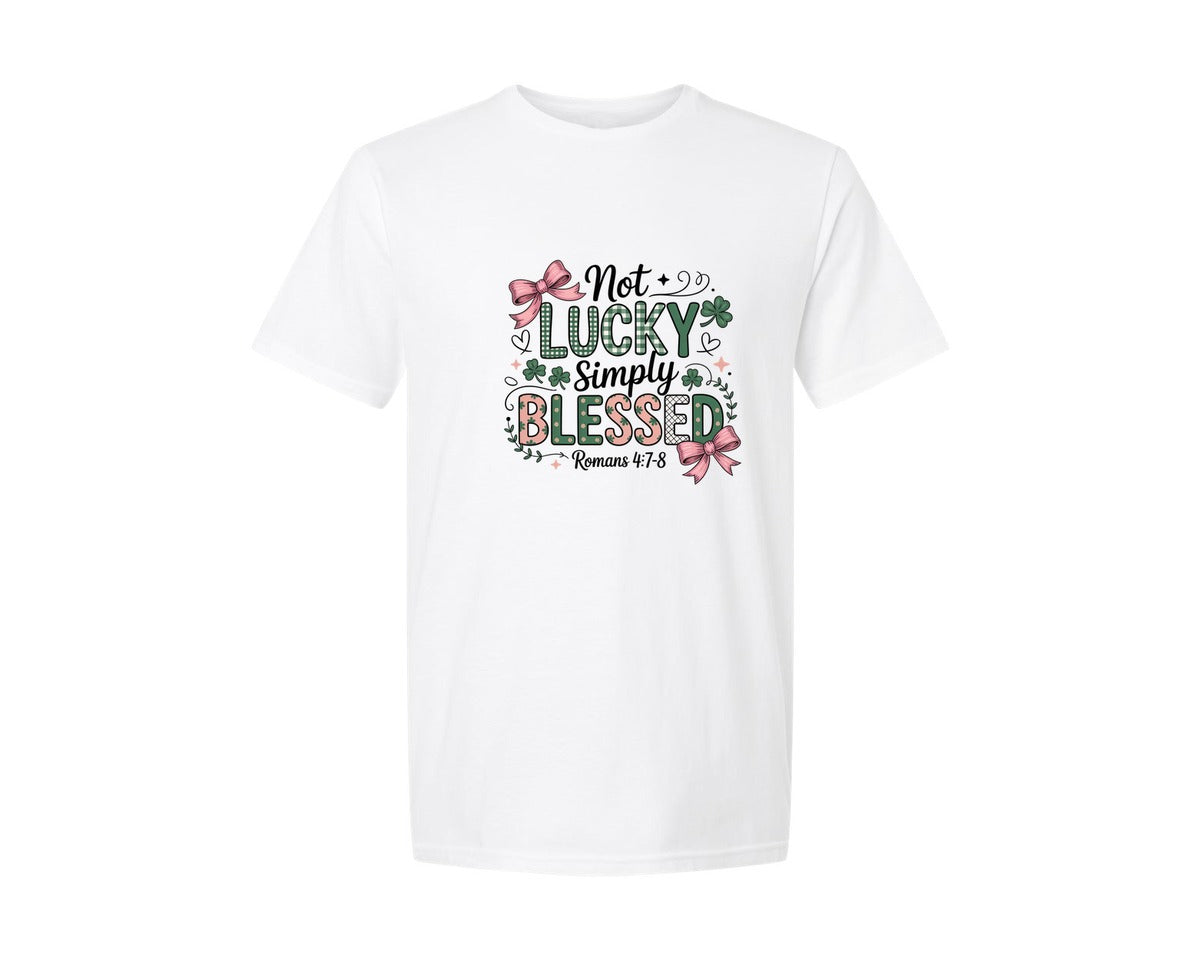 brand:Generic|color:White|Simply Blessed Christian Shamrock Graphic T-Shirt
