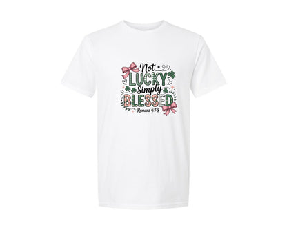 brand:Generic|color:White|Simply Blessed Christian Shamrock Graphic T-Shirt
