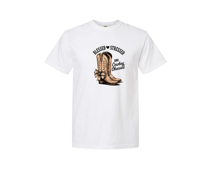 brand:Comfort Colors|color:White|Blessed Stressed Mom Western Mothers Day 2 Graphic T-Shirt