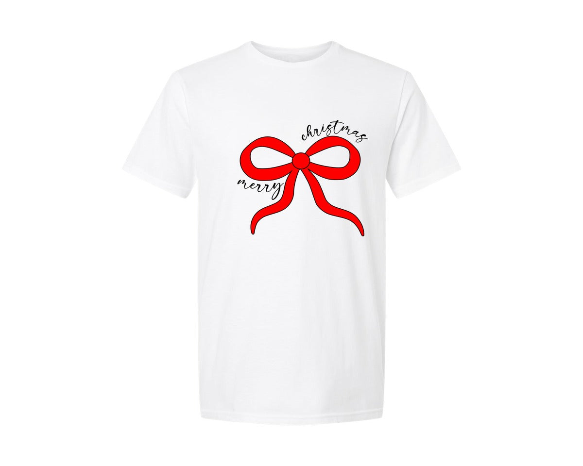 brand:Generic|color:White|Merry Christmas Red Coquette Bow Graphic T-Shirt