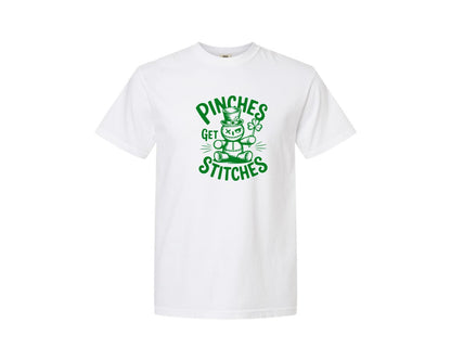 brand:Comfort Colors|color:White|Pinches Get Stitches Funny St Patri Graphic T-Shirt