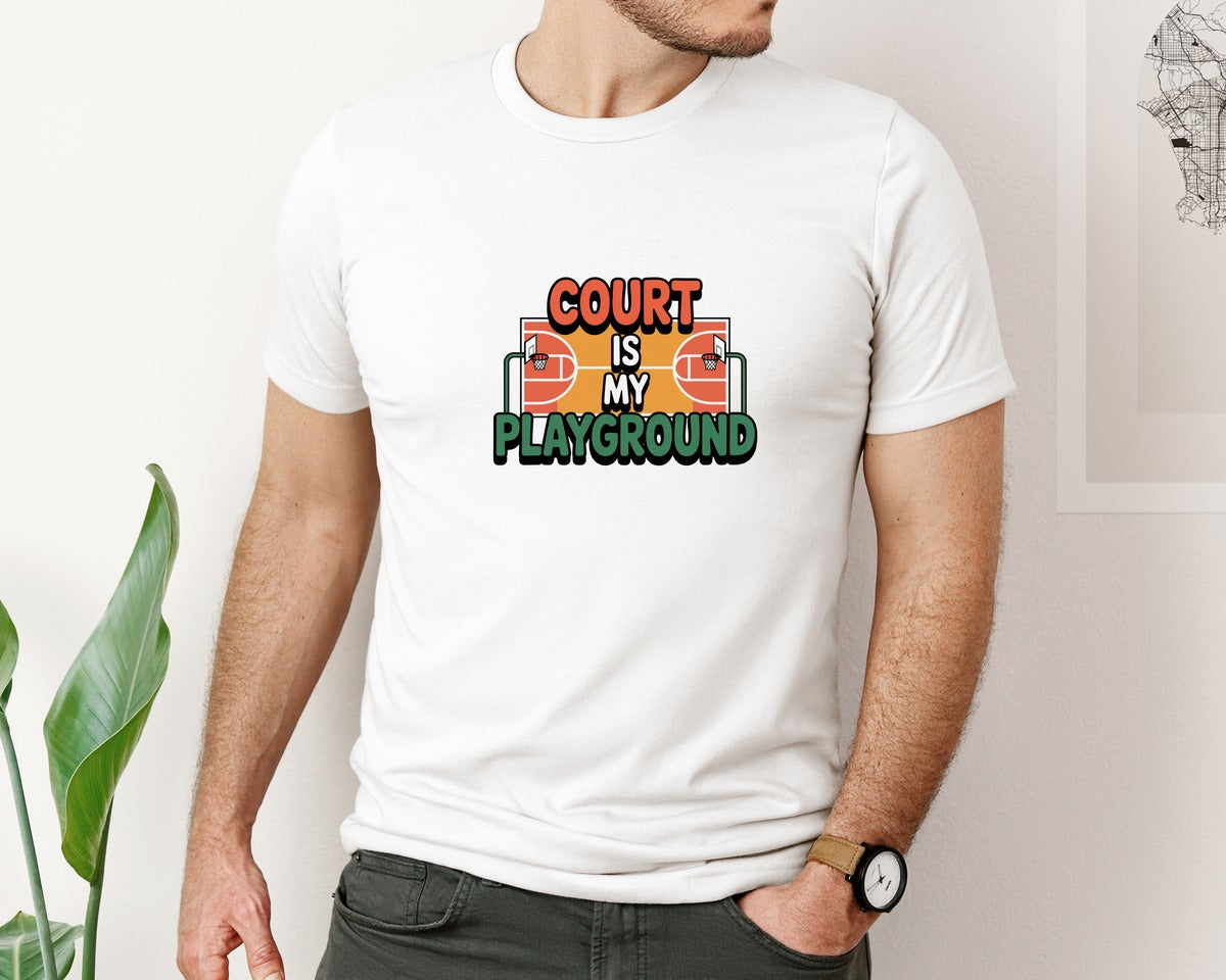 brand:Bella Canvas|color:White|Court Is My Playground Basketball Shirt Graphic T-Shirt