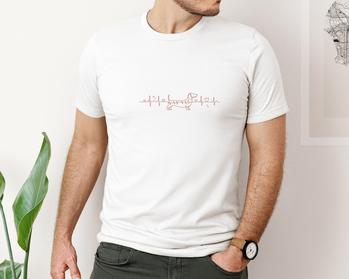 brand:Bella Canvas|color:White|Valentine Dog Dachshund Heartbeat Graphic T-Shirt