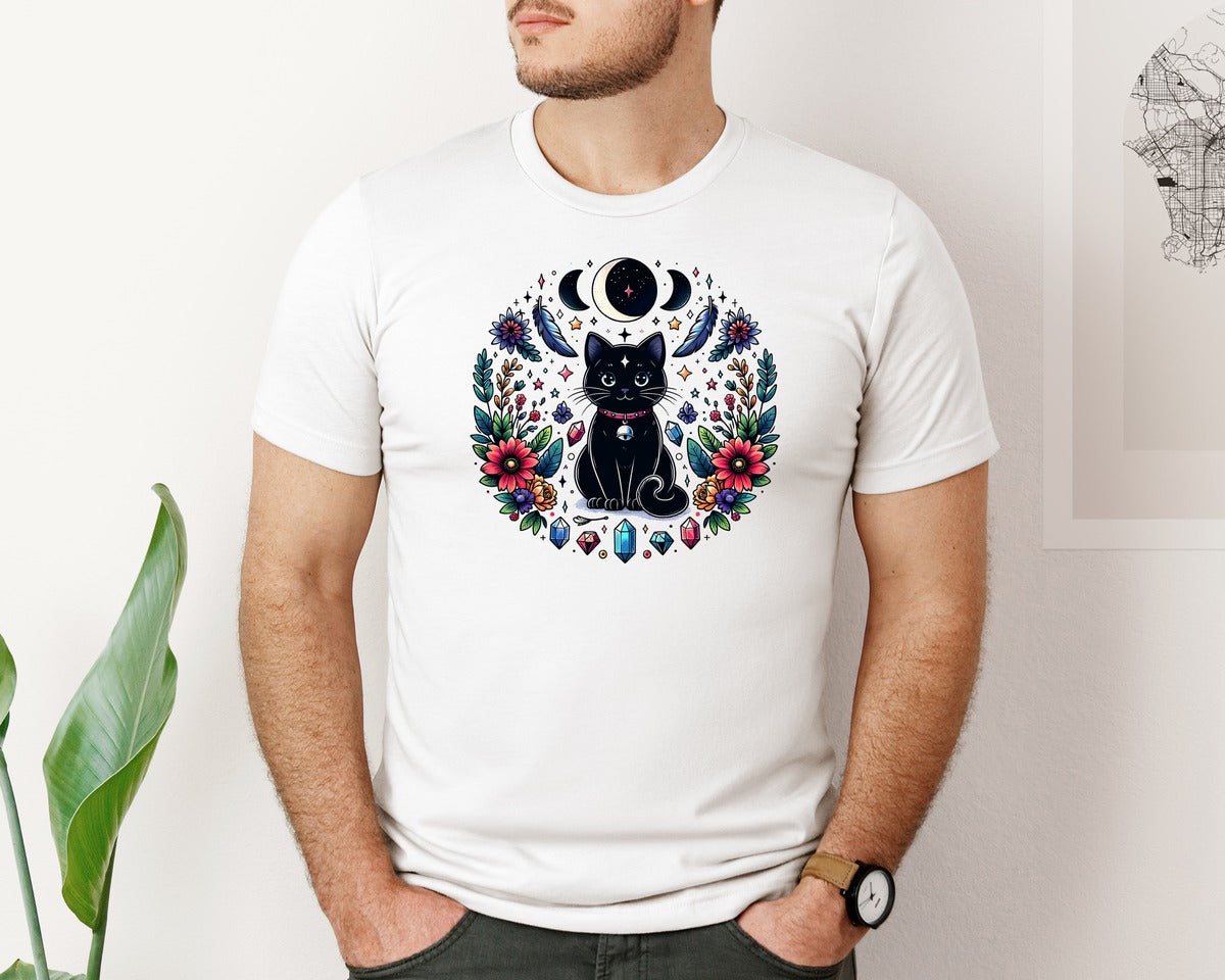 brand:Bella Canvas|color:White|Moon Phases Crystal Witchy Cut Cat Graphic T-Shirt