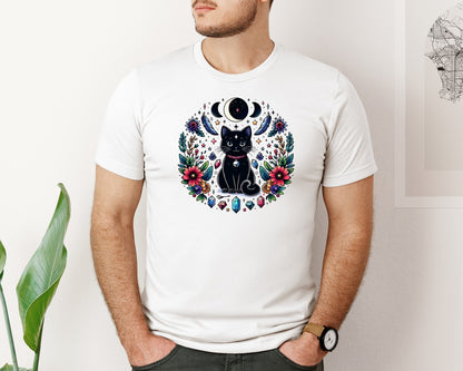 brand:Bella Canvas|color:White|Moon Phases Crystal Witchy Cut Cat Graphic T-Shirt