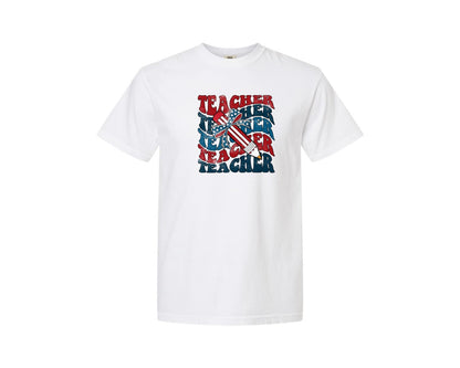 brand:Comfort Colors|color:White|American Teacher 4Th Of July Shirt Graphic T-Shirt