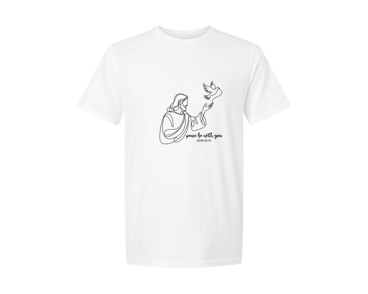 brand:Generic|color:White|Peace Be With You John 2021 Bible Graphic T-Shirt
