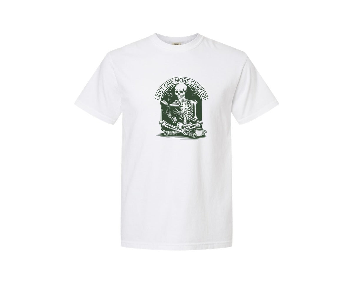 brand:Comfort Colors|color:White|Just One More Chapter Skeleton Coffee 2 Graphic T-Shirt