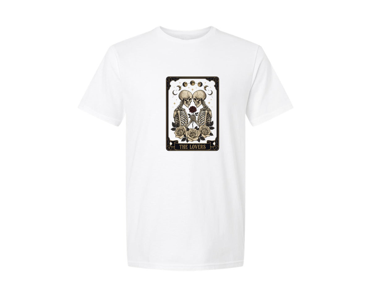 brand:Generic|color:White|The Lovers Skeleton Tarot Card Graphic T-Shirt