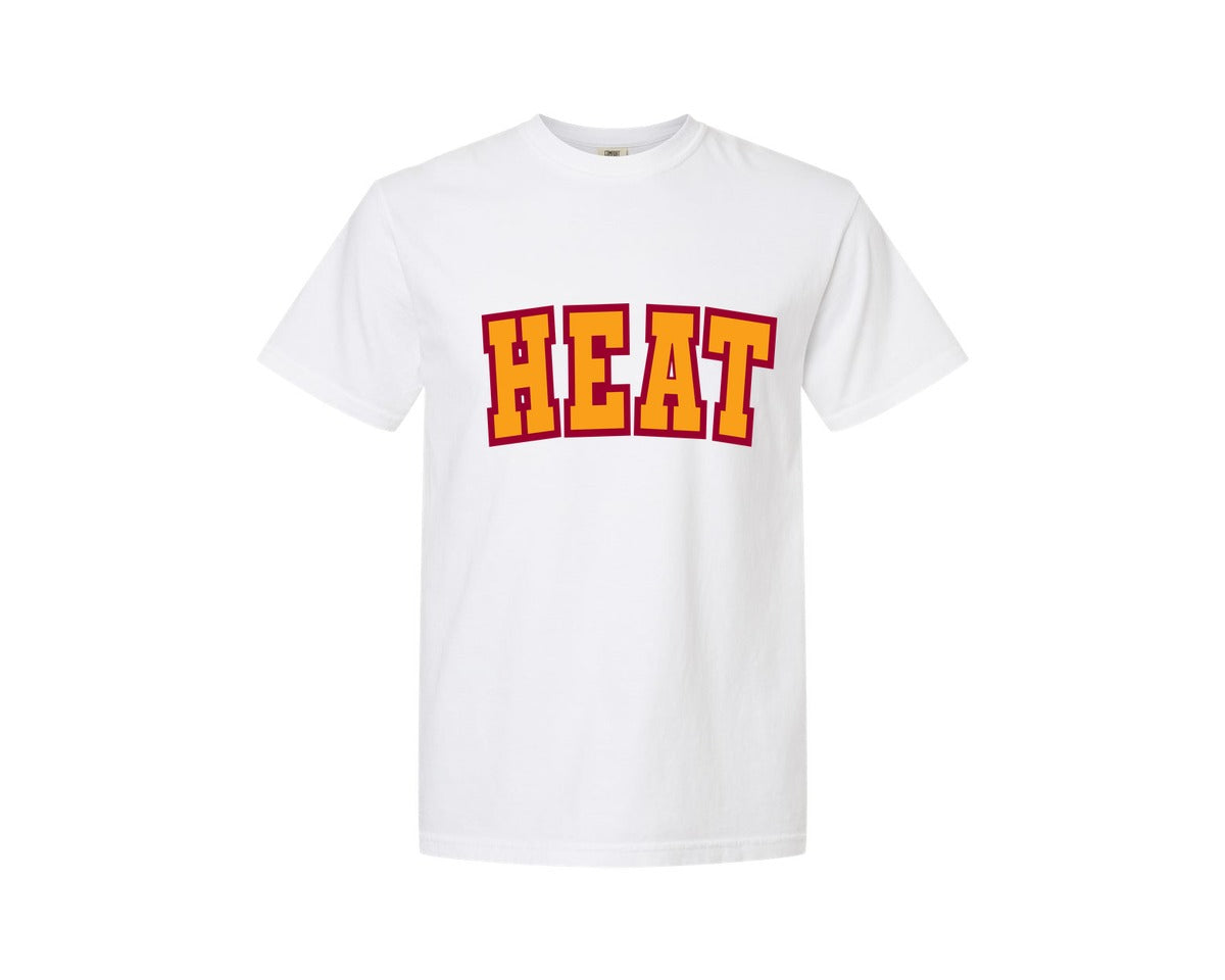 brand:Comfort Colors|color:White|Heat Varsity Curved Red Yellow Graphic T-Shirt