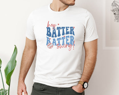brand:Bella Canvas|color:White|Retro Baseball Hey Batter Batter Swing Graphic T-Shirt