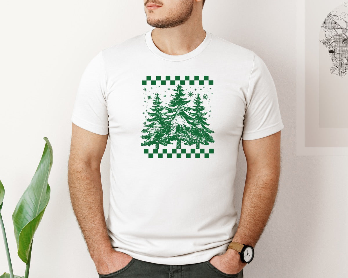 brand:Bella Canvas|color:White|Winter Evergreen Trees Festive Pattern Graphic T-Shirt