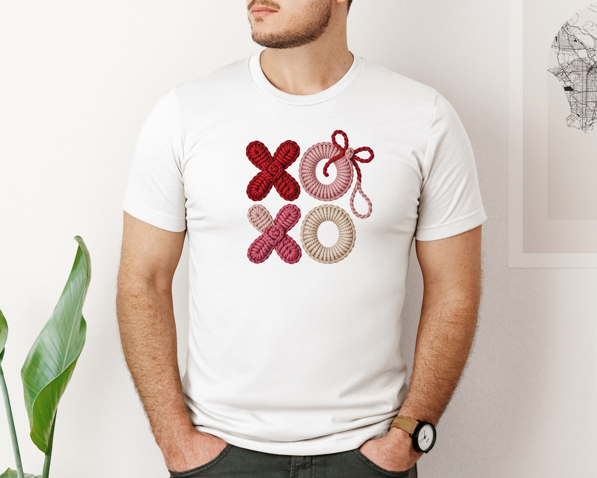 brand:Bella Canvas|color:White|Valentine Xoxo Faux Crochet T Shirt Graphic T-Shirt