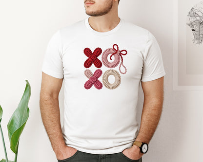 brand:Bella Canvas|color:White|Valentine Xoxo Faux Crochet T Shirt Graphic T-Shirt