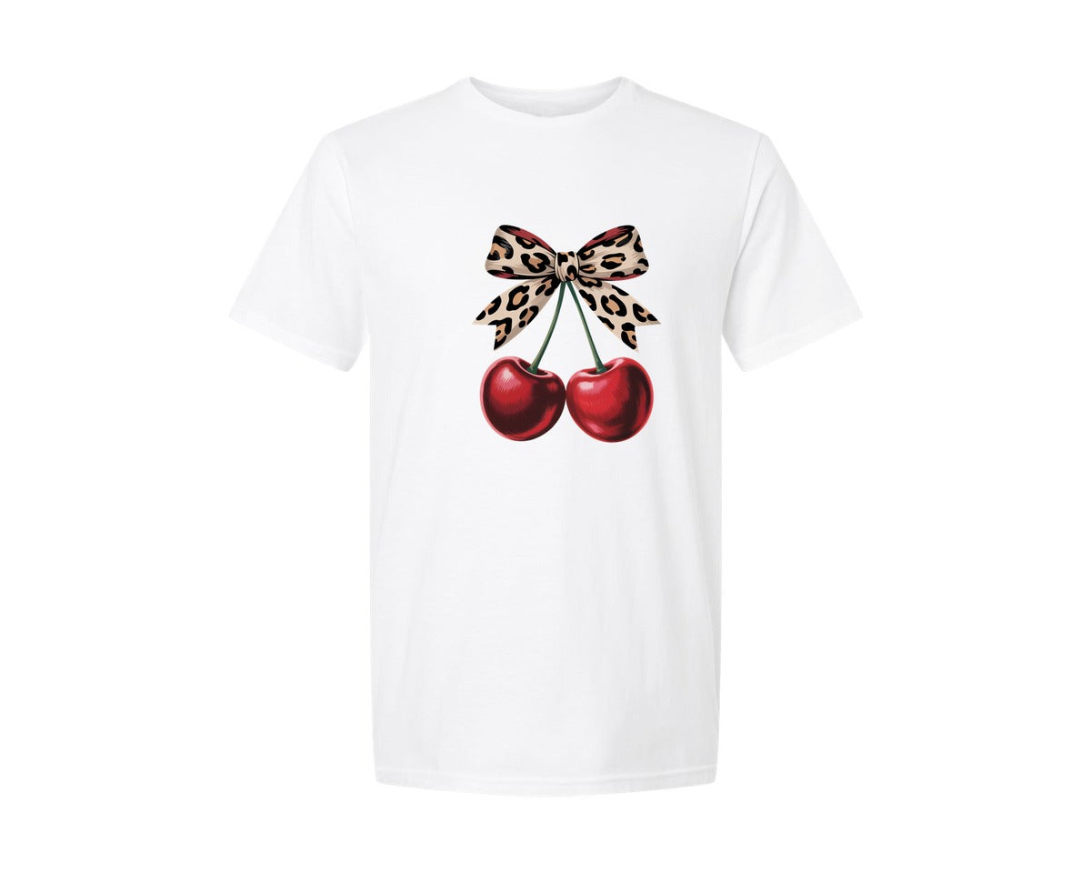 brand:Generic|color:White|Cherry Bow Design Leopard Coquette Graphic T-Shirt