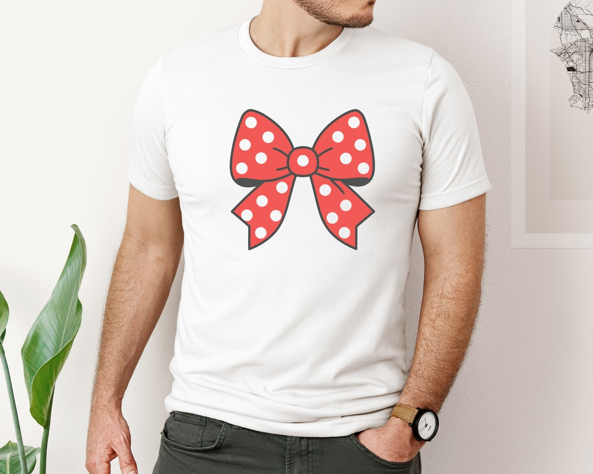 brand:Bella Canvas|color:White|Red Polka Dot Bow Embroidery Design Graphic T-Shirt