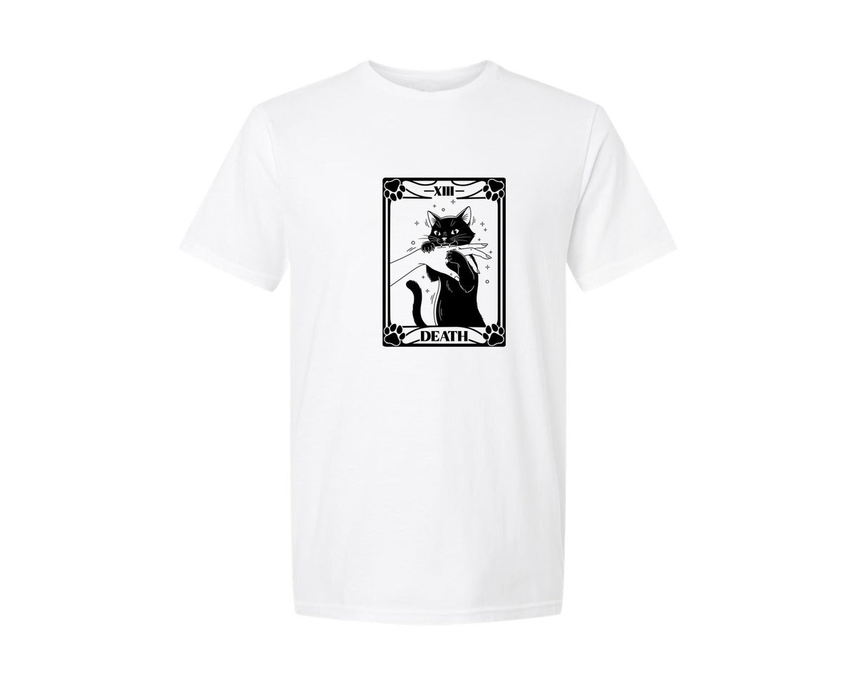 brand:Generic|color:White|Tarot Card Death Design Funny Cat Graphic T-Shirt