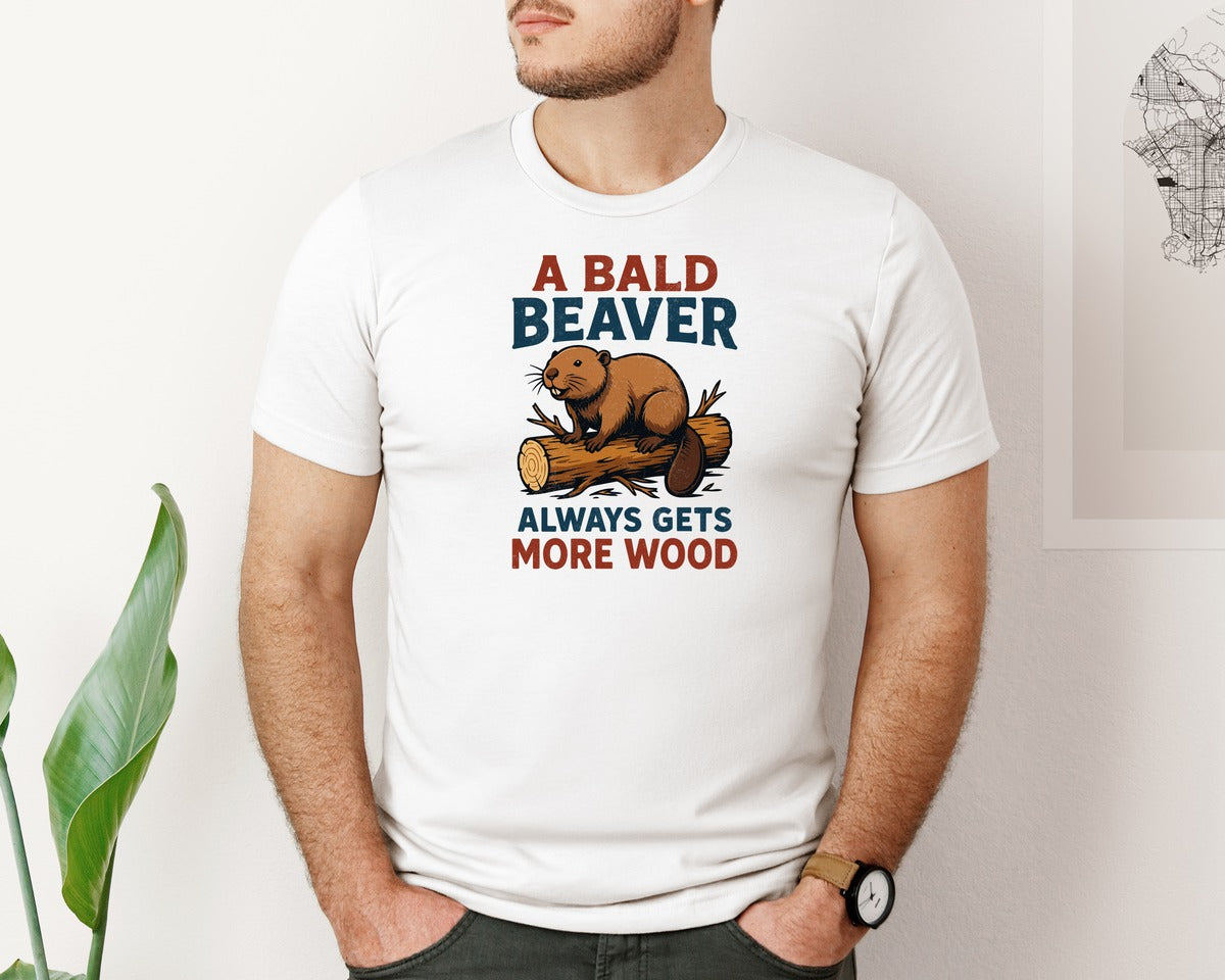 brand:Bella Canvas|color:White|Bald Beaver Funny Wood Joke T Shirt Graphic T-Shirt