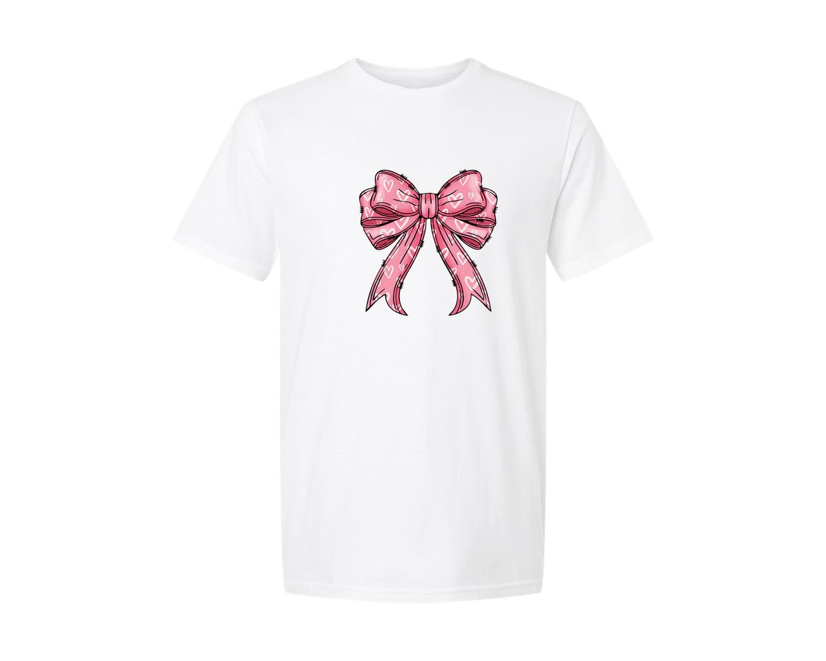 brand:Generic|color:White|Cute Pink Heart Pattern Valentine Bow Graphic T-Shirt